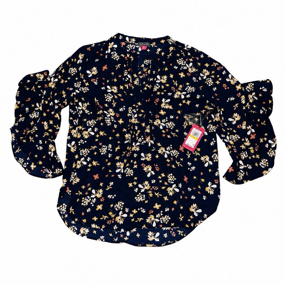 Vince Camuto Womens M Navy Floral Split Neck Balloon Sleeve Blouse NWT - Picture 3 of 8